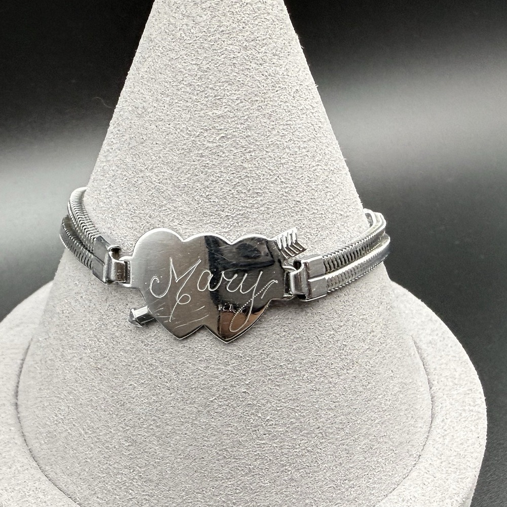 Vtg Sweetheart Bracelet Double Heart & Arrow Engraved Mary Silver Tone Hong Kong